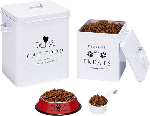 Meraki Home Farmhouse Cat Food and Treats Containers + Feed Scoop + Pet Food Bowl - Tight Lids - Large Metal Storage Bin - Great Gift for Cute Pets (Glossy Red) in Saudi Arabia
