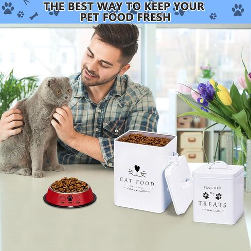 Meraki Home Farmhouse Cat Food and Treats Containers + Feed Scoop + Pet Food Bowl - Tight Lids - Large Metal Storage Bin - Great Gift for Cute Pets (Glossy Red) in Saudi Arabia