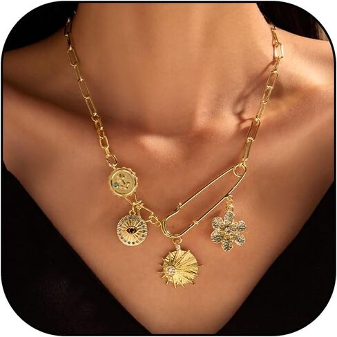 Charm Necklace for Women Dainty Gold Paperclip Chain Necklace Trendy Cherry Starfish Bow Cowboy Pearl Beach Charms for Necklace Western Outfit for Women 80s Outfit Summer Beach Essentials Gold Jewelry in Saudi Arabia
