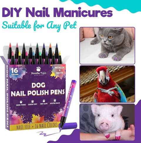 16 Metallic & Matte Dog Nail Polish Pens Quick Dry and Dog Nail File, Pet Safe, Non Toxic Nail Polish for Dogs, Quick Dry Nail Polish & Dog Nail Filer, Doggy Nail Polish Set, Small Dog Accessories in Saudi Arabia