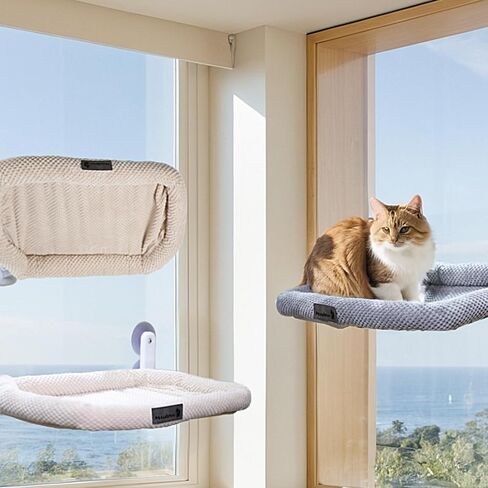 Cat Window Perch Cordless Cat Window Hammock Foldable Window Cat Bed for Indoor,Sturdy Metal Frame and Soft Reversible Cushions with 4 Suction Cups Cover Hold Up 40lbs (Grey,L) in Saudi Arabia