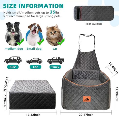 Memory Foam Dog Car Seat for Small Medium Sized Dogs, Quick Rebound Booster Car Seat for Dogs Up to 35lbs, Pet Car Seat Travel Bed with Detachable Washable Cover, Storage Pocket, Dog Seat Belt in Saudi Arabia