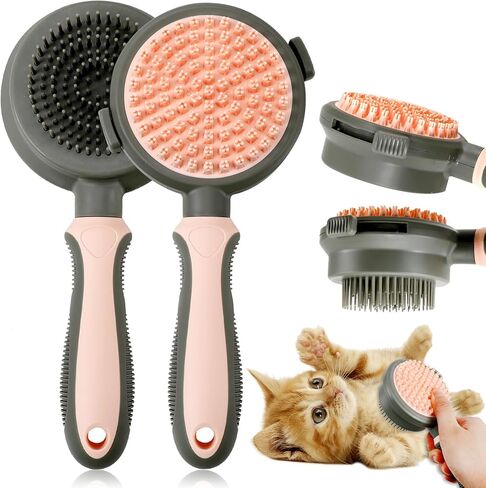2 في 1 فرش مزدوجة الجانب للقطط للقطط الداخلية ومستلزمات العناية بالقطط ومشط للقطط مع زر تحرير مستلزمات الحيوانات الأليفة ومشط البراغيث وفرشاة ملساء لإزالة شعر الكلاب وتدليك (وردي) in Kuwait