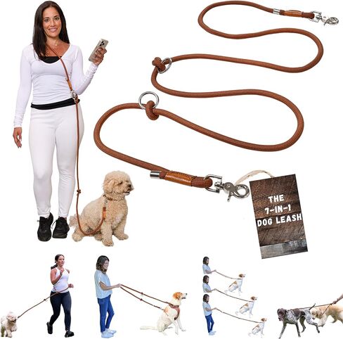 Hands Free Dog Leash 7-in-1 Multifunctional Brown Nylon Heavy Duty Dog Leash Adjustable Length Crossbody Leash Waist Leash For Dog Walking & Running, No Pull Leash, Double Leash, Slip Lead, Dog Tether in Saudi Arabia