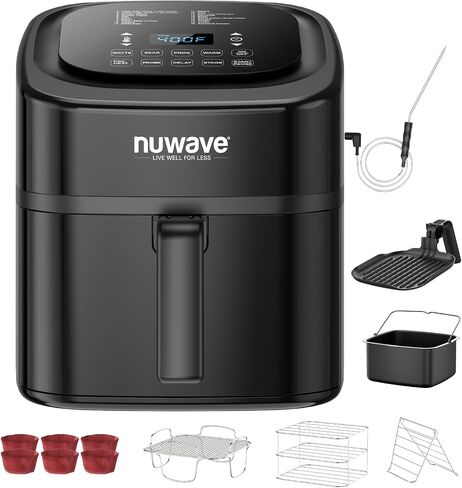 مقلاة هوائية Nuwave Brio 10 في 1، سعة مقلاة هوائية 6 QT مع مسبار ذكي، خبز شواء مشوي للوجبات السريعة، أدوات تحكم رقمية بلمسة واحدة، مقلاة قوية 1800 واط، 100 وصفة، مقسم قابل للإزالة وطاسة شواء in Kuwait