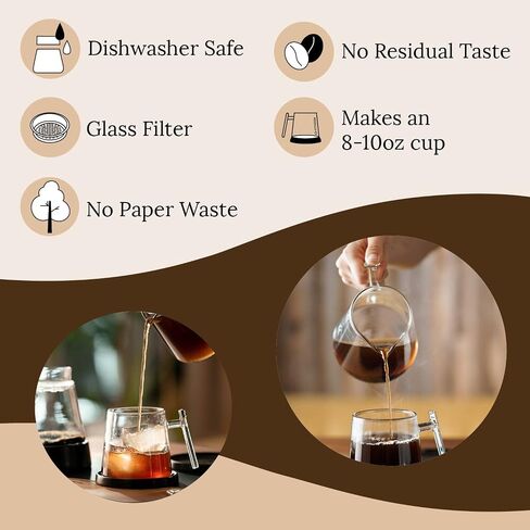 مجموعة Pure Over Brew مقاس XL - طقم ماكينة صنع القهوة الزجاجية - مجموعة مكونة من 6 قطع مع إبريق - صب فوق قطارة القهوة مع فلتر زجاجي مدمج قابل لإعادة الاستخدام بدون ورق - مصنوع من زجاج البورسليكات in Saudi Arabia