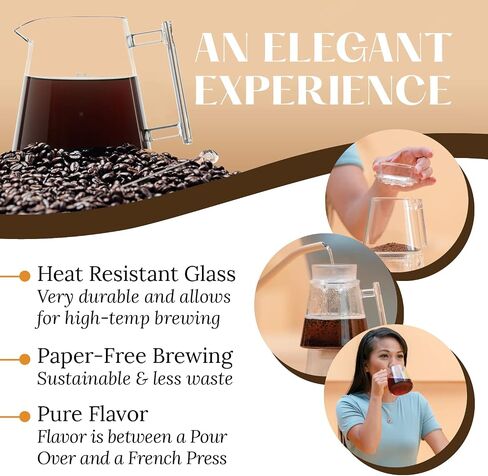 مجموعة Pure Over Brew مقاس XL - طقم ماكينة صنع القهوة الزجاجية - مجموعة مكونة من 6 قطع مع إبريق - صب فوق قطارة القهوة مع فلتر زجاجي مدمج قابل لإعادة الاستخدام بدون ورق - مصنوع من زجاج البورسليكات in Saudi Arabia