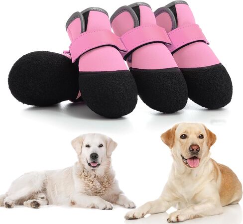 Dog Shoes, Outdoor Dog Boots Non-Slip Waterproof Dog Booties for Medium to Large Dogs 4Pcs for Winter Snowy Day, Summer Hot Pavement with Rugged Sole Pink in Saudi Arabia
