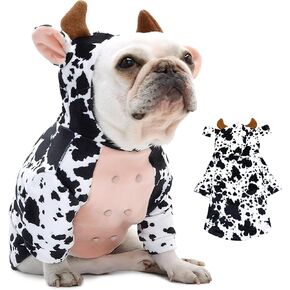 DELIFUR Dog Halloween Cow Costume - French Bulldog Adorable Cow Holiday Outfit Cute Hoodie Halloween Cosplay Animal Costume for Small Medium Dog (Cow, Medium)