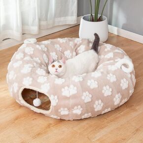 LUCKITTY Cat Tunnel Bed for Indoor Cats - Round Tunnel Donut Small Dog Calming Cute Modern Pet Beds with Jacquard Shaggy Plush & Anti Slip Bottom, Khaki