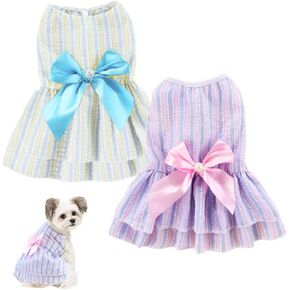 2 Pieces Dog Dress Stripe Bowknot Princess Ruffles Dresses for Small Medium Dogs Cats Summer Holiday Party Costume Outfits Printed Pet Clothing(Large)