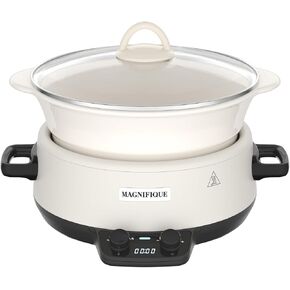Magnifique 5 Quart Slow Cooker Round Manual Pot Food Warmer with 3 Cooking Settings Perfect Kitchen Small Appliance for Family Dinners (Stainless Steel Black and Black Ceramic Pot)