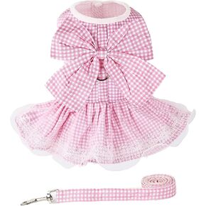 Dog Dress Plaid with Bowknot Cute Dress for Small Dog Cat Puppy Outfits with Harness Leash（ Blue，Large ）