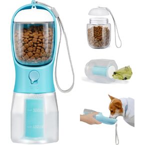 Dog Water Bottle with Filter, Portable Travel Dog Water Dispenser with Food Container & Dog Poop Bags Rolls, Leak Proof, Machine-Wash, Food Grade Plastic - Cycling & Long Flight (Pink, 20 oz)