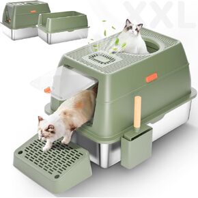 Stainless Steel Cat Litter Box with Lid, XXL Large Enclosed Hign-Sided Litter Box with Removable Lid, Carbon Filters -Odor Free, Easy Cleaning, Anti-Urine Leakage for Big Cats/Multiples-Grey