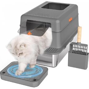 Erinaik Stainless Steel Cat Litter Box with Lid,36L Extra Large Litter Box XL for Big Cats Top Entry Metal Litter Box with Double Filter Pedal & Scoop High Sided & Non-Sticky & Anti-Leakage