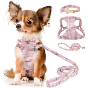 Beirui Cute Small Dog Harness Collar and Leash Set with Bowtie, Soft Adjustable Pink Puppy Harness for Small Sized Dogs Cats Walks Parties and Photoshoots(Pink,XXS:Chest 12-14")