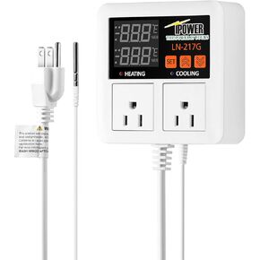 iPower Temperature Controller 1200W 10A Dual Digital Outlet Thermostat Plug, Pre-Wired, 2 Stage Heating and Cooling Mode, Fermentation BBQ Reptile Aquarium