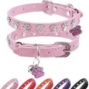 SCENEREAL Cat Collar with Bells, Leather Cat Collars with Paw Studded, Adjustable Pet Collars for Boy Girl Cats,Soft Cute Cat Collar for Kitty Puppy Small Big Cats, Pink