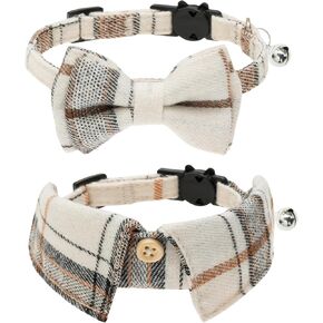 2 Pack Breakaway Cat Collars with Bell, Plaid Bow Tie Cat Collar and Cute Shirt Cat Collar for Girl&Boy Cats, Kitten, Puppy (Adjustable Neck 7.8"-10.5")