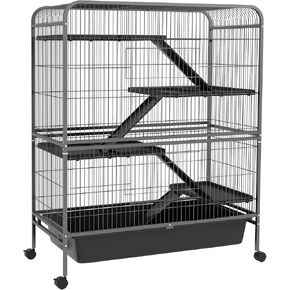 PawHut 53.5" Small Animal Cage, 5-Level Metal Ferret or Bunny Cage with Wheels, Chinchilla Cage with Removable Tray, 2 Front Doors, Ramps, Gray