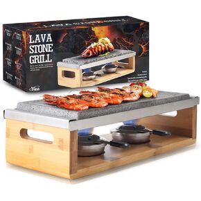 Artestia Steak Lava Stone Table Grill for Meat with Bamboo Stand, Smokeless BBQ Grill Outdoor with Fast Heating Natural Lava Cooking Stone, Ideal for Dinner and Family Fun, Two Rechauds (14.56"*6.69")
