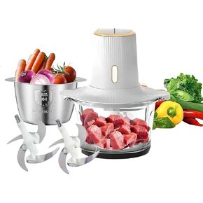 Food Processor, Electric Food Chopper with 2 Bowls (8 Cup glass+8 Cup stainless steel), with 2 Sets Blades, for Milling Meat, Vegetables, Dumpling Making and Baby Food