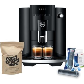 Jura E4 Automatic Coffee Machine (Piano Black) with CLEARYL Smart+ Water Filtration, 6 Cleaning Tablets and East Coast Blend Whole Bean Coffee (4 Items)