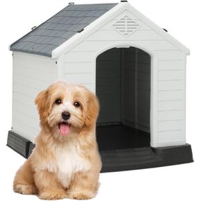 MoNiBloom Small Dog House Outdoor,Plastic Dog House with Air Vents, Indoor Outdoor Dog Housess Puppy Shelter with Elevated Floor, Dark Gray