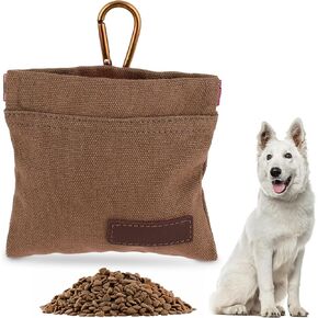 Canvas Dog Treat Pouch, Portable Puppy Dog Training Treat Pouch with Carabiner, Hands-Free Auto Closing Pet Snack Reward Pocket, for Pet Training Travel or Outdoor Use(Grey)