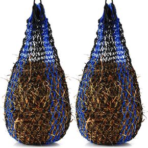 2 Pcs Slow Feed Hay Bag 36 Inch Ultra Slow Hay Feeders 1.5 x 1.5 Inch Holes Hay Nets for Horses Goat Livestock Horse Supplies, Black and Blue