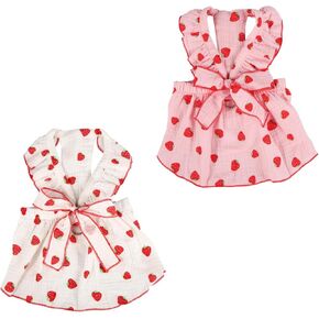 2pcs Girl Dog Dresses, Strawberry Printed Bow Decoration Girl Puppy Clothes Summer Cute Cat Clothes Pet Kitten Dresses for Small Medium Large Dog and Cat (XS)