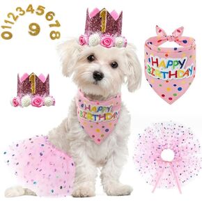 Pink Girl Dog Birthday Hat and Bandanas Set Cat Birthday Outfit Pet Crown Hat with 0-9 Figures Polk dot Puppy Tutu Skirt Birthday Party Supplies for Small Medium Dog Cat (A) (Pink)