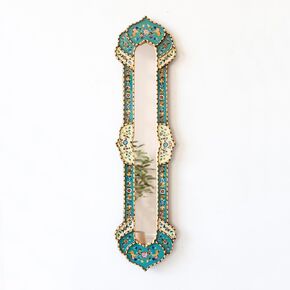 Narrow Accent mirror for wall art decor 35.8" tall, Decorative Long Mirror, Peruvian painting on glass skinny Mirror, Silver Leaf Wood Framed Mirrors for living room (Turquoise)