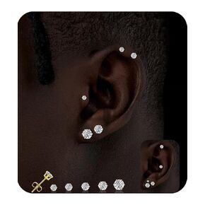 14K Gold/Silver Stud Earrings For Women Men 3-4-5-6-8mm Simulated Diamond Stud Earrings Cubic Zirconia Round Hypoallergenic Surgical Steel Earrings Studs Set（5 Pairs）