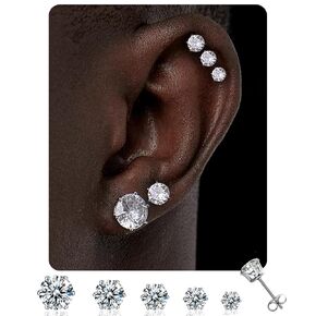 14K Gold/Silver Stud Earrings For Women Men 3-4-5-6-8mm Simulated Diamond Stud Earrings Cubic Zirconia Round Hypoallergenic Surgical Steel Earrings Studs Set（5 Pairs）