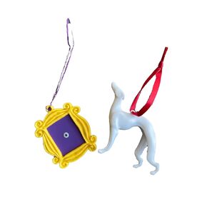 Friends Christmas Ornament Set/Friends Themed Gift Set/Yellow Peephole Door Frame/Pat the Dog/White Greyhound/Pop Culture Gift