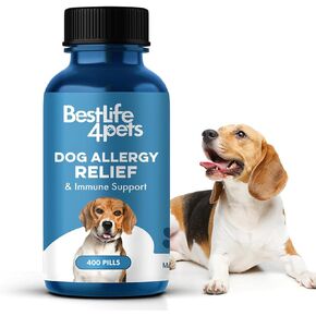 BestLife4Pets Dog Allergy Relief & Immune Support - Natural Holistic Remedy for Itchy Skin Conditions, Seasonal Allergies, Licking, Sneezing, Congestion and Scratching - 400 Odorless, Tasteless Pills