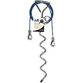 ZINCO DOG tie-out spiral stake. 18 inch long manually screwed in The ground will prevents pulling out and bending. Comes with a 10 feet double connectors vinyl coated, galvanized cable.