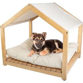 Dog House - 30x24-Inch Indoor Dog House with Soft Cushion and Adjustable Canopy - Wood Dog Furniture for Small to Medium Pets up to 70lbs by PETMAKER