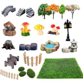 Julang 23 Pcs Fairy Garden Miniatures Jumping Spider Enclosure Accessories, Mini Bridge Fence Pond Street Lamps Mushroom Lawn Figurines Garden Decorations for Jumping Spider Habitat