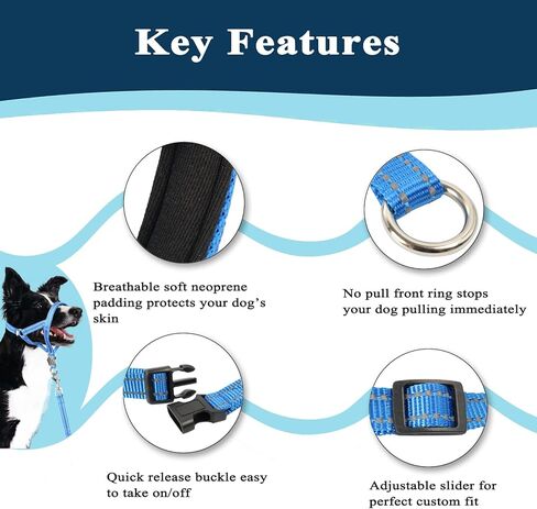 مقود أنف الكلاب غير قابل للسحب، رسن الرأس للكلاب المتوسطة والكبيرة (أزرق، M) in Kuwait