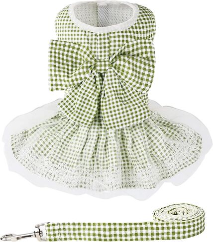 Dog Dress Plaid with Bowknot Cute Dress for Small Dog Cat Puppy Outfits with Harness Leash（ Blue，Large ） in Saudi Arabia