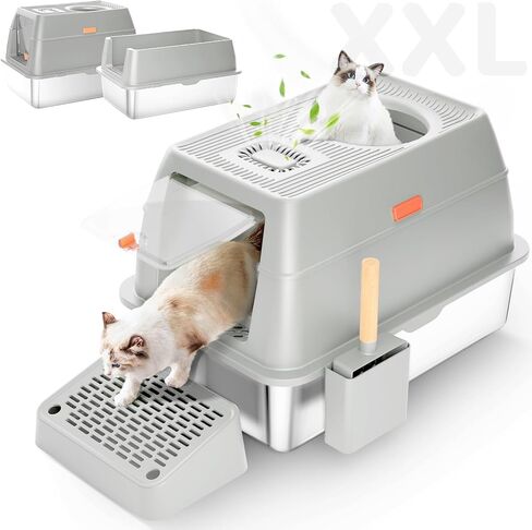 Stainless Steel Cat Litter Box with Lid, XXL Large Enclosed Hign-Sided Litter Box with Removable Lid, Carbon Filters -Odor Free, Easy Cleaning, Anti-Urine Leakage for Big Cats/Multiples-Grey in Saudi Arabia