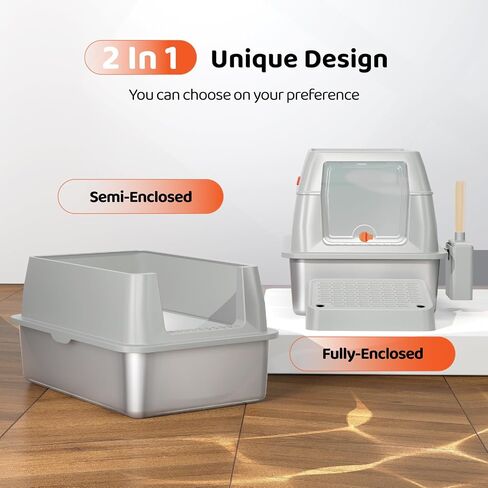 Stainless Steel Cat Litter Box with Lid, XXL Large Enclosed Hign-Sided Litter Box with Removable Lid, Carbon Filters -Odor Free, Easy Cleaning, Anti-Urine Leakage for Big Cats/Multiples-Grey in Saudi Arabia