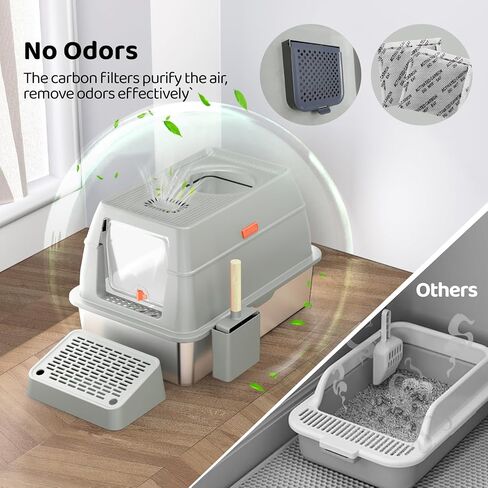 Stainless Steel Cat Litter Box with Lid, XXL Large Enclosed Hign-Sided Litter Box with Removable Lid, Carbon Filters -Odor Free, Easy Cleaning, Anti-Urine Leakage for Big Cats/Multiples-Grey in Saudi Arabia