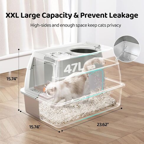 Stainless Steel Cat Litter Box with Lid, XXL Large Enclosed Hign-Sided Litter Box with Removable Lid, Carbon Filters -Odor Free, Easy Cleaning, Anti-Urine Leakage for Big Cats/Multiples-Grey in Saudi Arabia