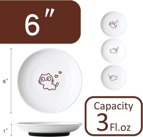 3 Pcs Cute Cat Food Bowls with Non-Slip Silicone Bottom, Shallow Ceramic Cat Dish Set, 6 Inch Wide Flat Saucer Style, Whisker Friendly Small Cat Plates for Indoor Cats and Kitten (Brown) in Saudi Arabia