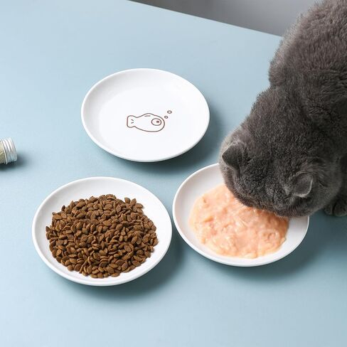 3 Pcs Cute Cat Food Bowls with Non-Slip Silicone Bottom, Shallow Ceramic Cat Dish Set, 6 Inch Wide Flat Saucer Style, Whisker Friendly Small Cat Plates for Indoor Cats and Kitten (Brown) in Saudi Arabia