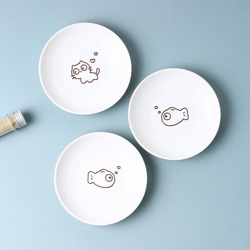 3 Pcs Cute Cat Food Bowls with Non-Slip Silicone Bottom, Shallow Ceramic Cat Dish Set, 6 Inch Wide Flat Saucer Style, Whisker Friendly Small Cat Plates for Indoor Cats and Kitten (Brown) in Saudi Arabia